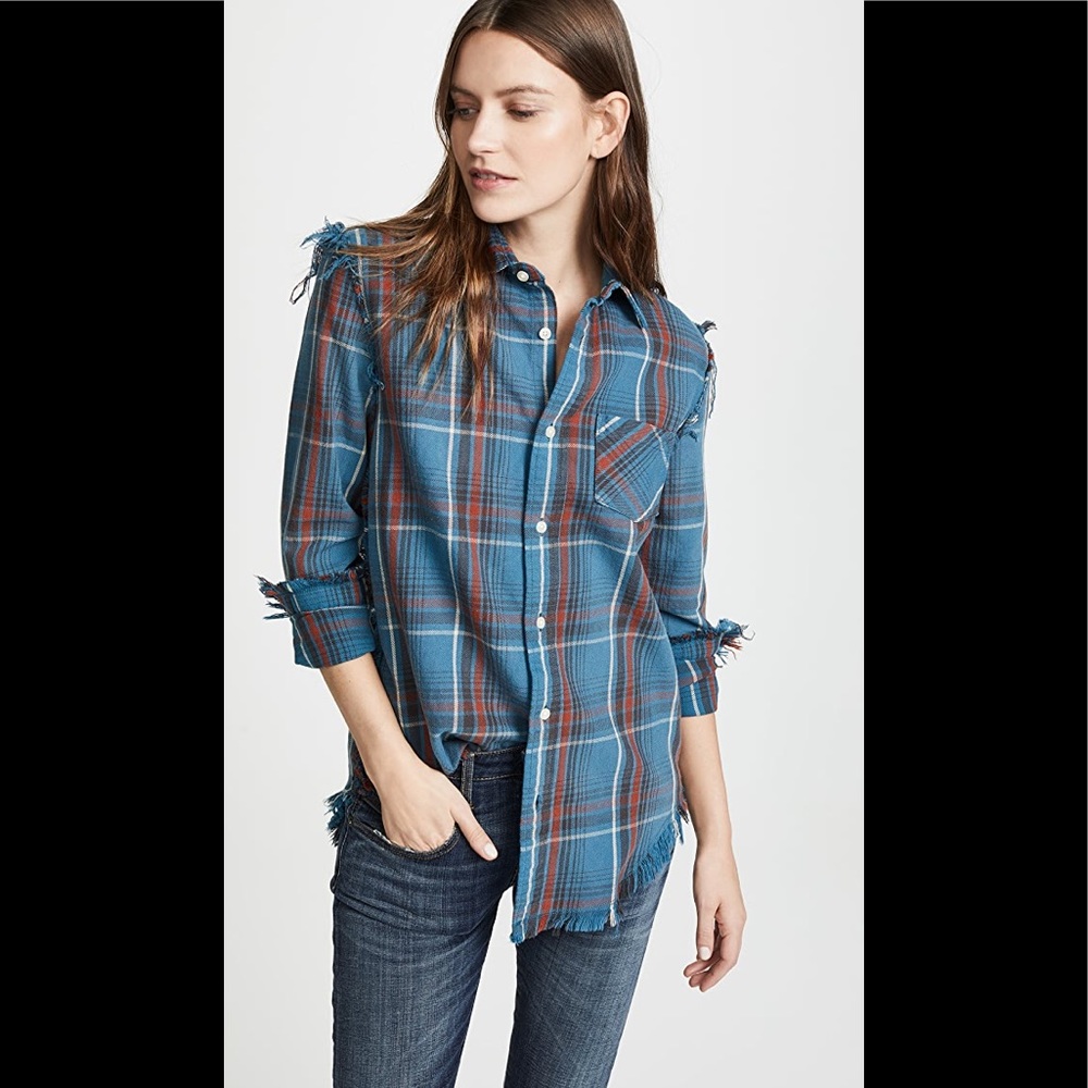 R13 Shredded Seams Shirt in Blue Plaid